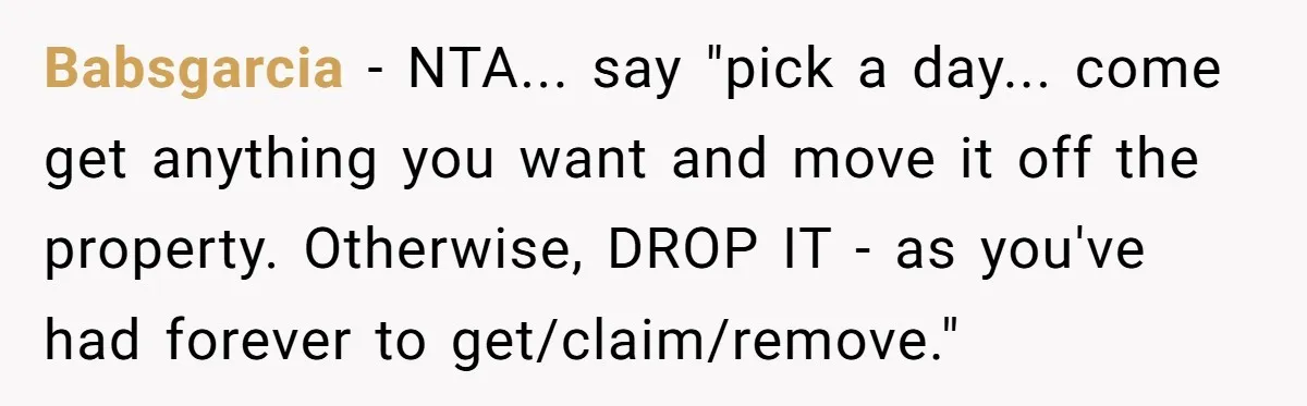 Babsgarcia − NTA... say "pick a day... come get anything you want and move it off the property. Otherwise, DROP IT - as you've had forever to get/claim/remove."