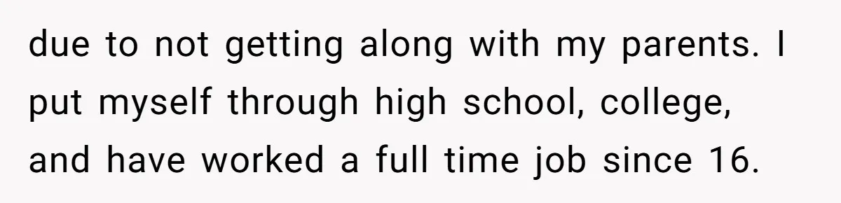 due to not getting along with my parents. I put myself through high school, college, and have worked a full time job since 16.