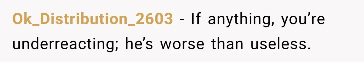 Ok_Distribution_2603 − If anything, you’re underreacting; he’s worse than useless.