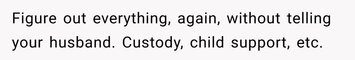 Figure out everything, again, without telling your husband. Custody, child support, etc.