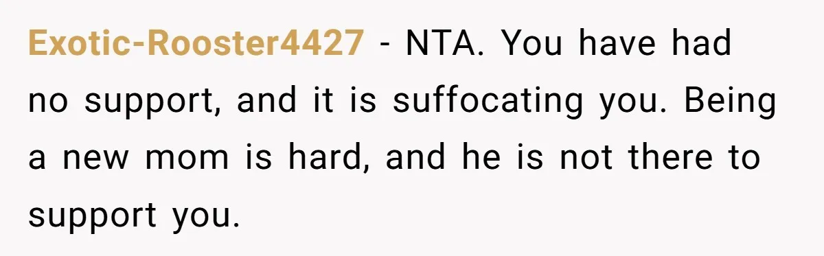 Exotic-Rooster4427 − NTA. You have had no support, and it is suffocating you. Being a new mom is hard, and he is not there to support you.