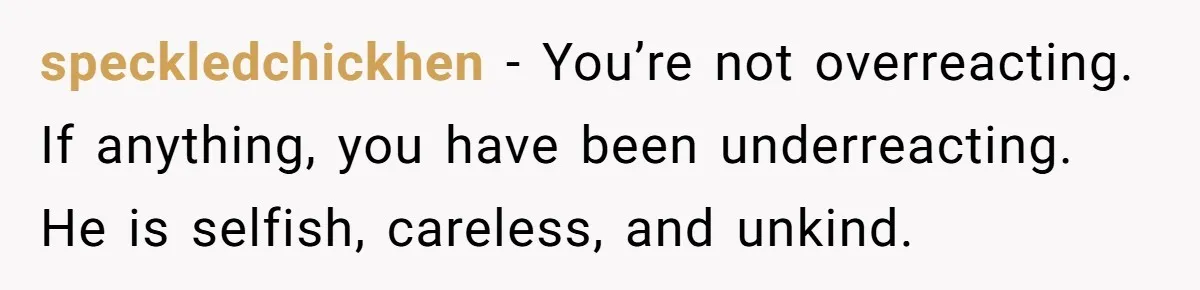 speckledchickhen − You’re not overreacting. If anything, you have been underreacting. He is selfish, careless, and unkind.