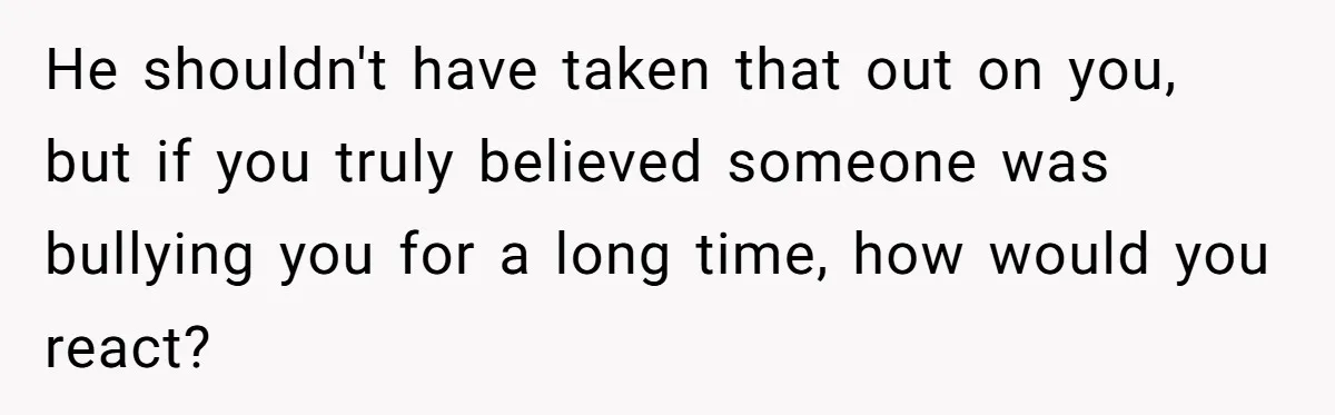 He shouldn't have taken that out on you, but if you truly believed someone was bullying you for a long time, how would you react?