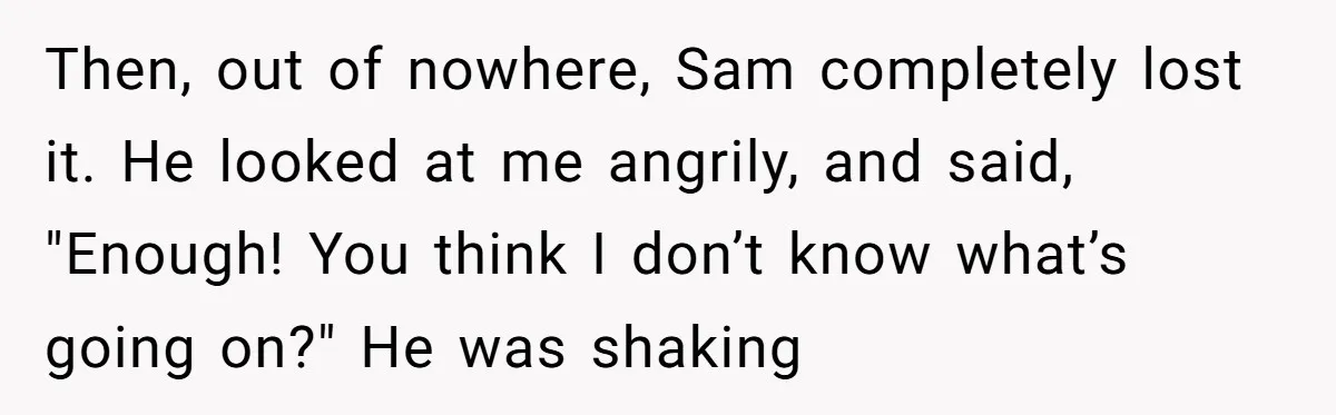 Then, out of nowhere, Sam completely lost it. He looked at me angrily, and said, "Enough! You think I don’t know what’s going on?" He was shaking