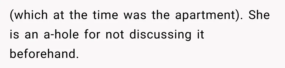 (which at the time was the apartment). She is an a-hole for not discussing it beforehand.