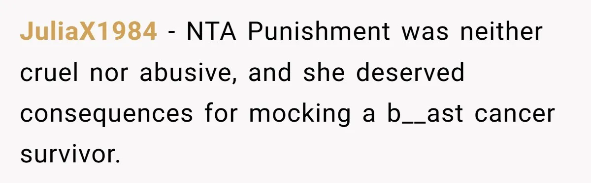 JuliaX1984 − NTA Punishment was neither cruel nor abusive, and she deserved consequences for mocking a b__ast cancer survivor.