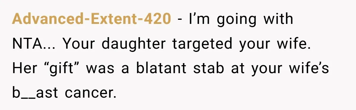 Advanced-Extent-420 − I’m going with NTA... Your daughter targeted your wife. Her “gift” was a blatant stab at your wife’s b__ast cancer.