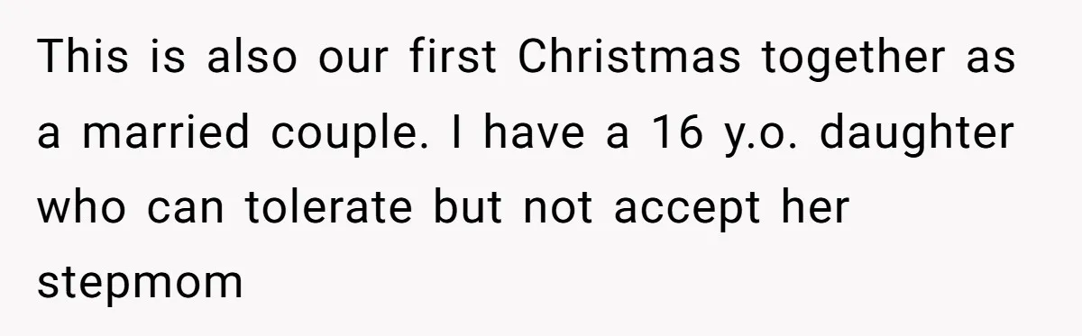 This is also our first Christmas together as a married couple. I have a 16 y.o. daughter who can tolerate but not accept her stepmom