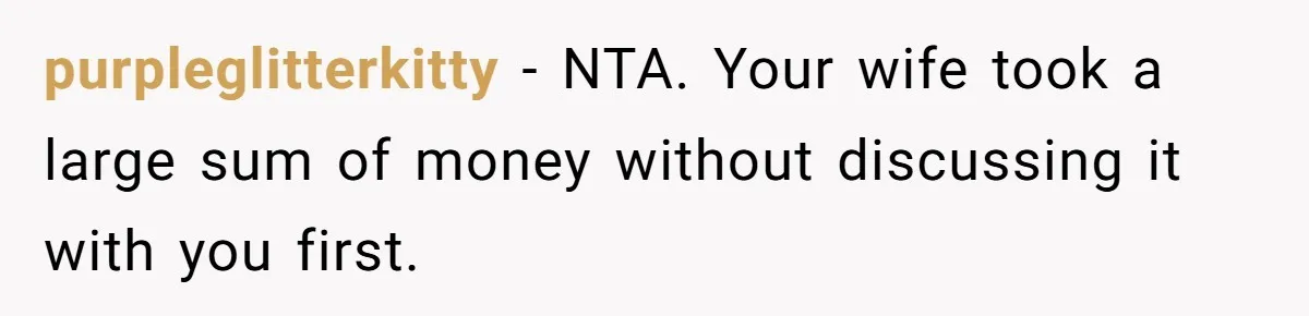 purpleglitterkitty − NTA. Your wife took a large sum of money without discussing it with you first.