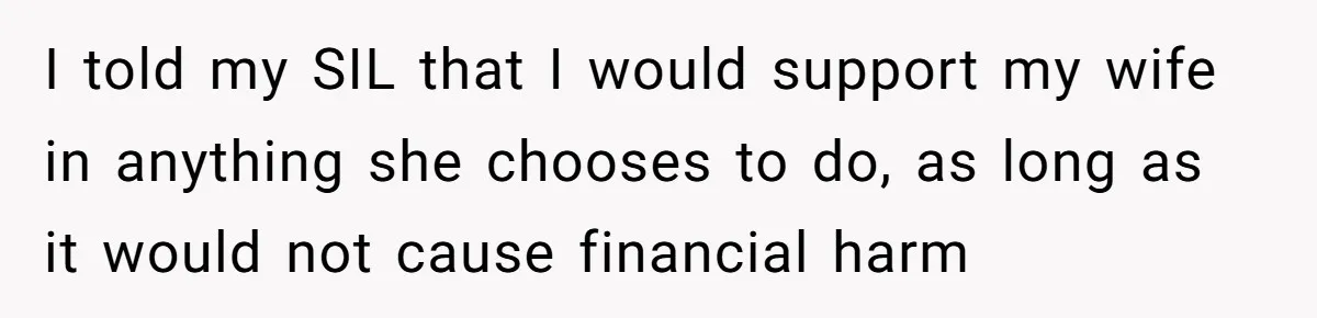 I told my SIL that I would support my wife in anything she chooses to do, as long as it would not cause financial harm