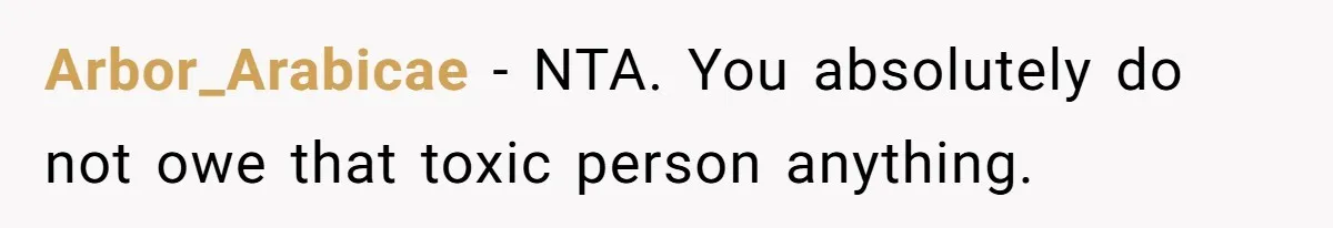 Arbor_Arabicae − NTA. You absolutely do not owe that toxic person anything.
