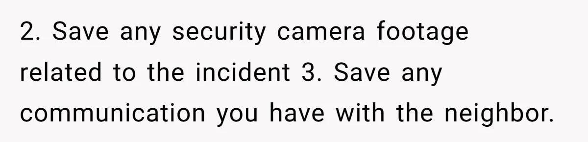 2. Save any security camera footage related to the incident 3. Save any communication you have with the neighbor.