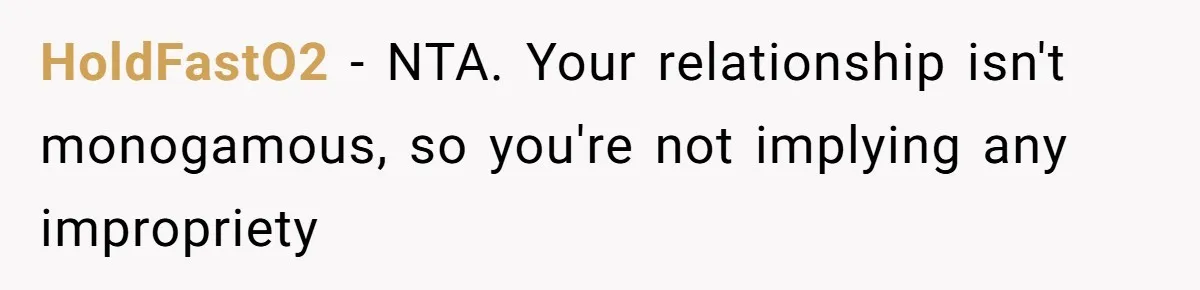 HoldFastO2 − NTA. Your relationship isn't monogamous, so you're not implying any impropriety