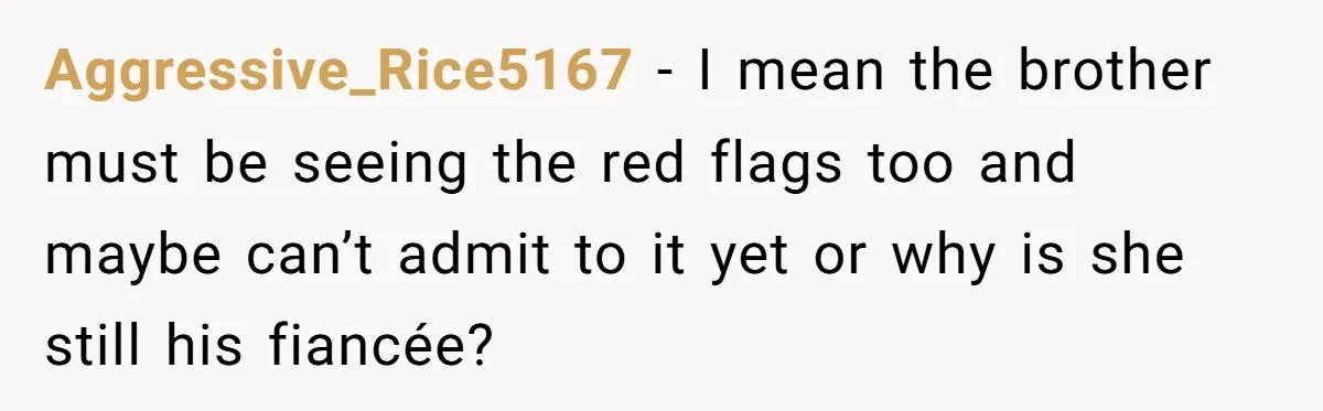 A Long-Lost Brother Finally Appears but His Fiancée Decides to Crash the Reunion Aggressive_Rice5167 - I mean the brother must be seeing the red flags too and maybe can’t admit to it yet or why is she still his fiancée?