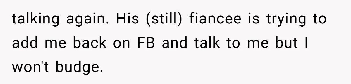 A Long-Lost Brother Finally Appears but His Fiancée Decides to Crash the Reunion talking again. His (still) fiancee is trying to add me back on FB and talk to me but I won't budge.