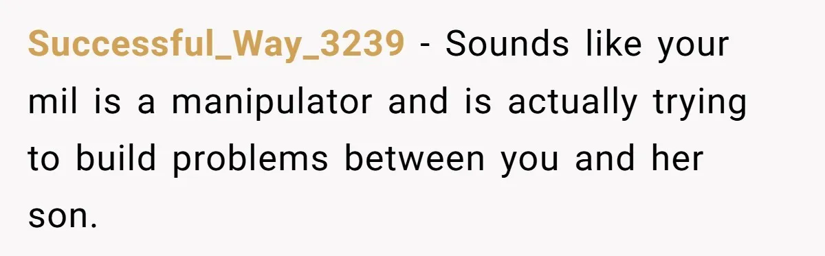 Successful_Way_3239 − Sounds like your mil is a manipulator and is actually trying to build problems between you and her son.