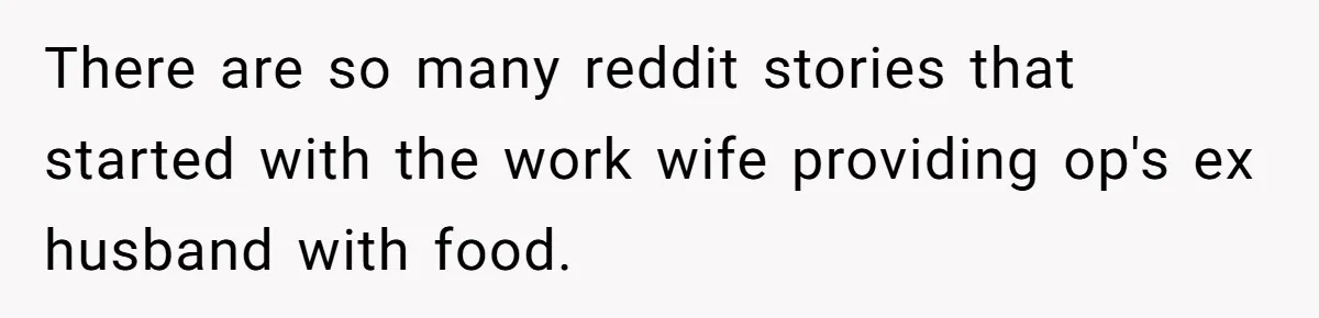 There are so many reddit stories that started with the work wife providing op's ex husband with food.