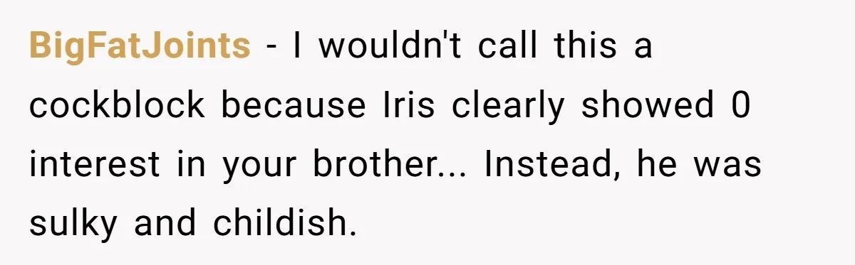 BigFatJoints − I wouldn't call this a cockblock because Iris clearly showed 0 interest in your brother... Instead, he was sulky and childish.