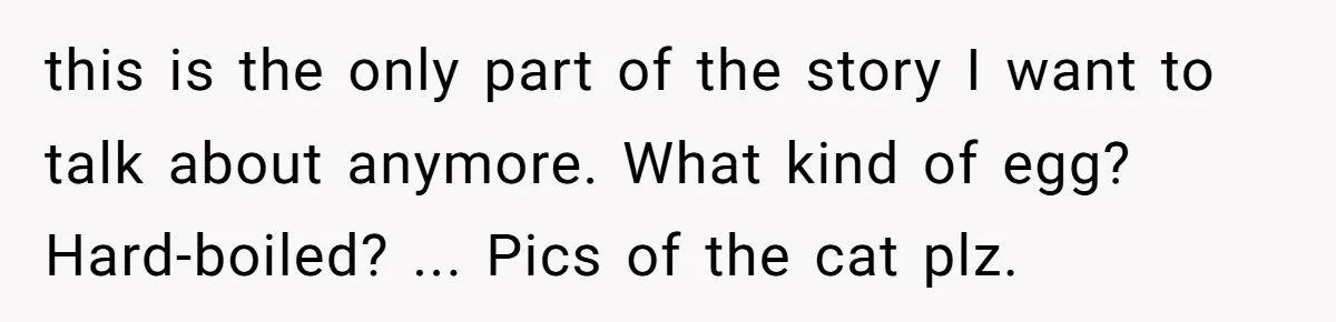 this is the only part of the story I want to talk about anymore. What kind of egg? Hard-boiled? ... Pics of the cat plz.