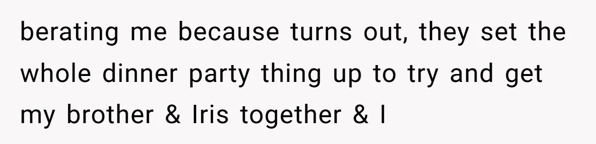 berating me because turns out, they set the whole dinner party thing up to try and get my brother & Iris together & I