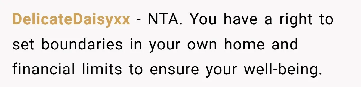 DelicateDaisyxx − NTA. You have a right to set boundaries in your own home and financial limits to ensure your well-being.