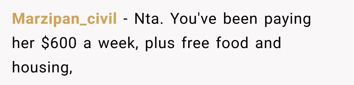 Marzipan_civil − Nta. You've been paying her $600 a week, plus free food and housing,