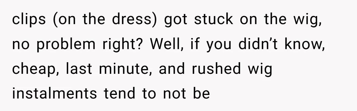 clips (on the dress) got stuck on the wig, no problem right? Well, if you didn’t know, cheap, last minute, and rushed wig instalments tend to not be