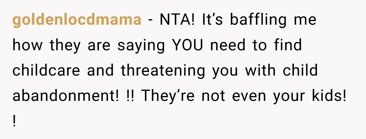 goldenlocdmama − NTA! It’s baffling me how they are saying YOU need to find childcare and threatening you with child abandonment! !! They’re not even your kids! !
