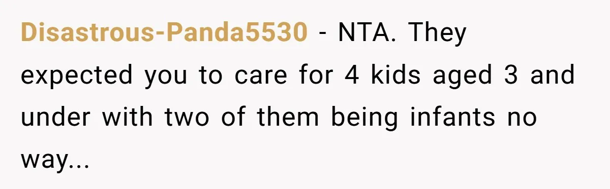 Disastrous-Panda5530 − NTA. They expected you to care for 4 kids aged 3 and under with two of them being infants no way...