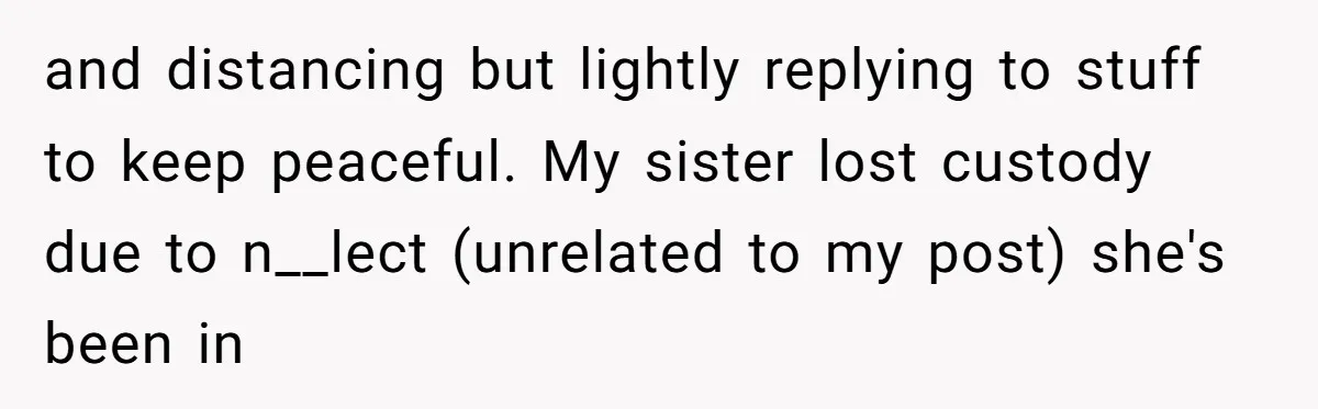 and distancing but lightly replying to stuff to keep peaceful. My sister lost custody due to n__lect (unrelated to my post) she's been in