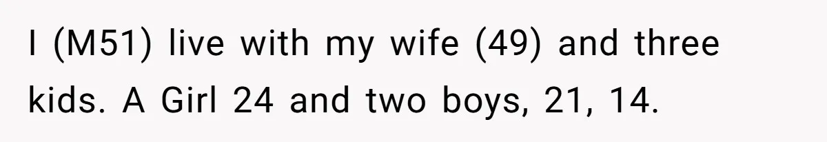 I (M51) live with my wife (49) and three kids. A Girl 24 and two boys, 21, 14.