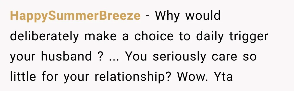 HappySummerBreeze − Why would deliberately make a choice to daily trigger your husband ? ... You seriously care so little for your relationship? Wow. Yta