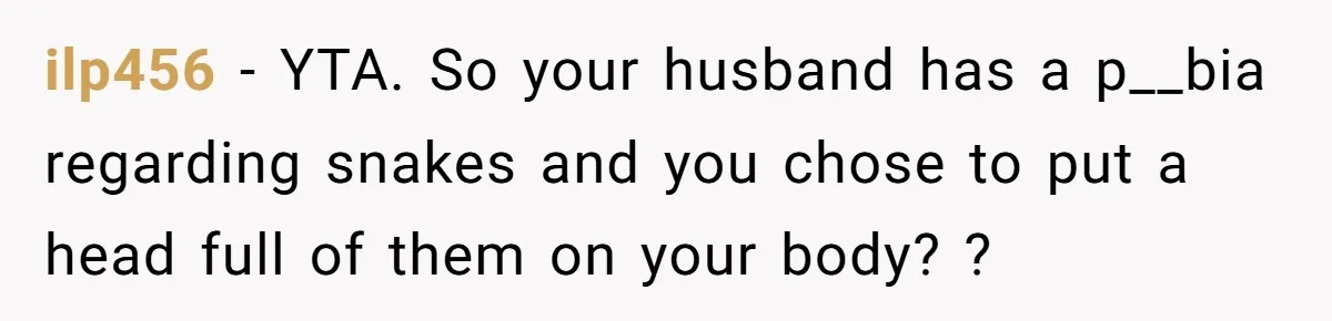 ilp456 − YTA. So your husband has a p__bia regarding snakes and you chose to put a head full of them on your body? ?