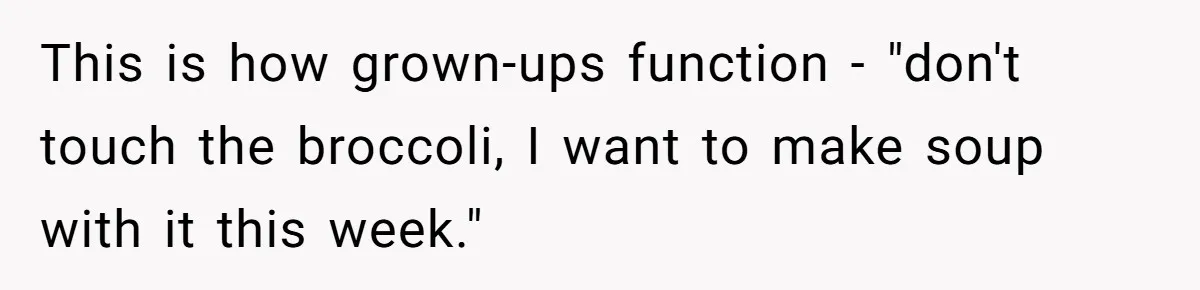 This is how grown-ups function - "don't touch the broccoli, I want to make soup with it this week."