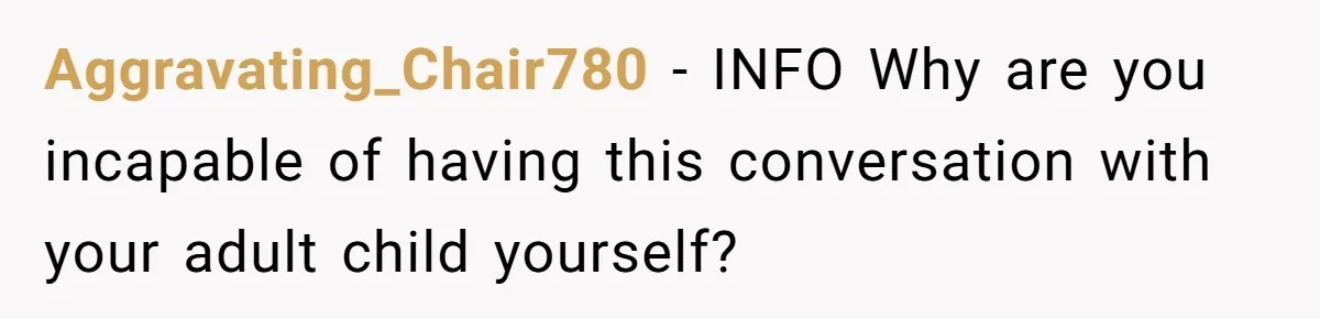 Aggravating_Chair780 − INFO Why are you incapable of having this conversation with your adult child yourself?