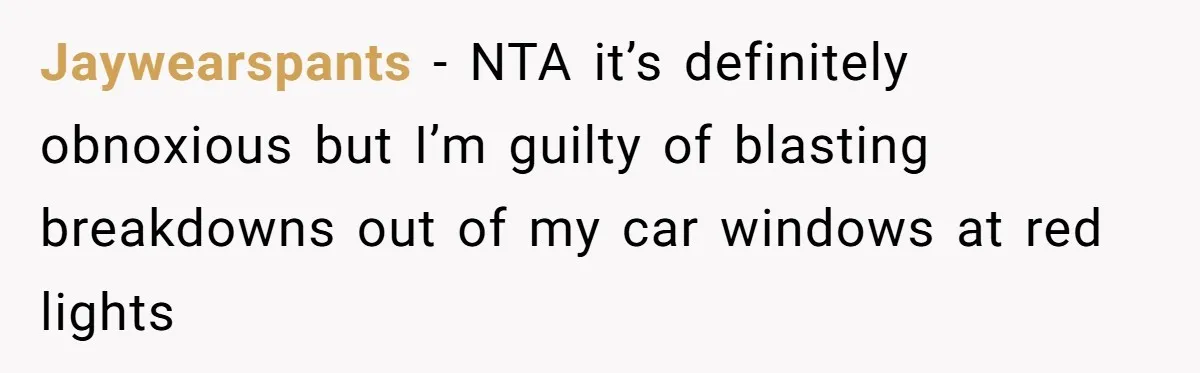 Jaywearspants − NTA it’s definitely obnoxious but I’m guilty of blasting breakdowns out of my car windows at red lights