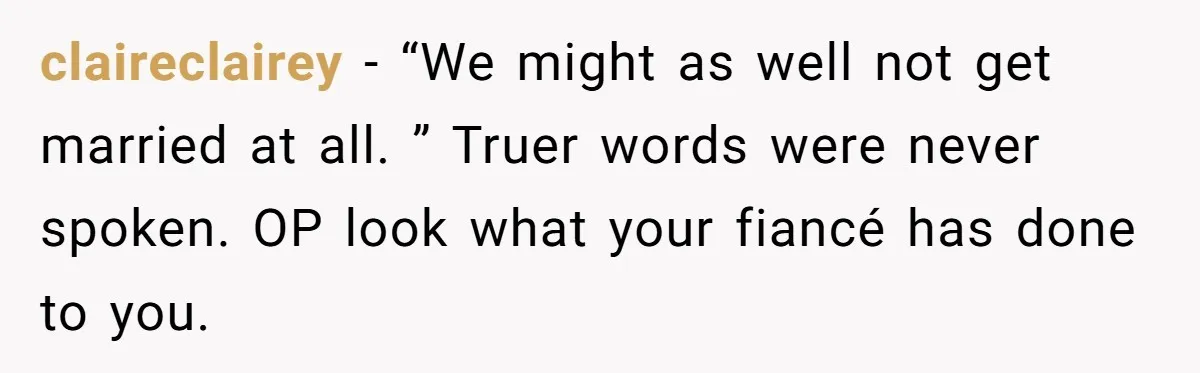 claireclairey − “We might as well not get married at all. ” Truer words were never spoken. OP look what your fiancé has done to you.