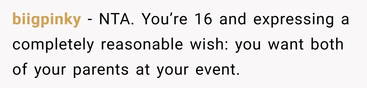 Teen Tells Divorced Parents He Wants Them Both There, Sparks Family Drama biigpinky − NTA. You’re 16 and expressing a completely reasonable wish: you want both of your parents at your event.