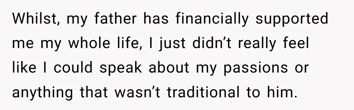Whilst, my father has financially supported me my whole life, I just didn’t really feel like I could speak about my passions or anything that wasn’t traditional to him.