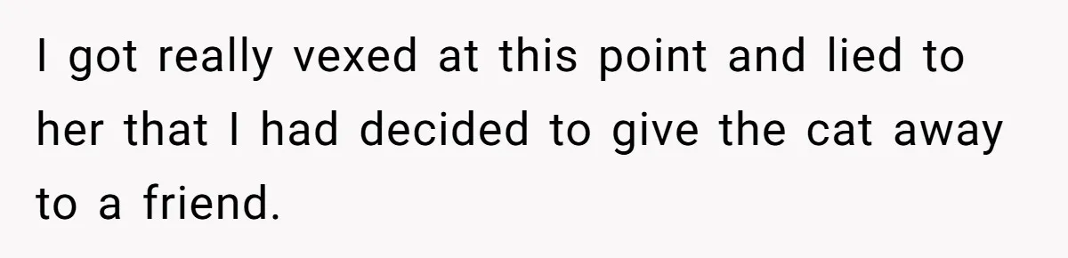 I got really vexed at this point and lied to her that I had decided to give the cat away to a friend.