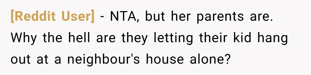 [Reddit User] − NTA, but her parents are. Why the hell are they letting their kid hang out at a neighbour's house alone?