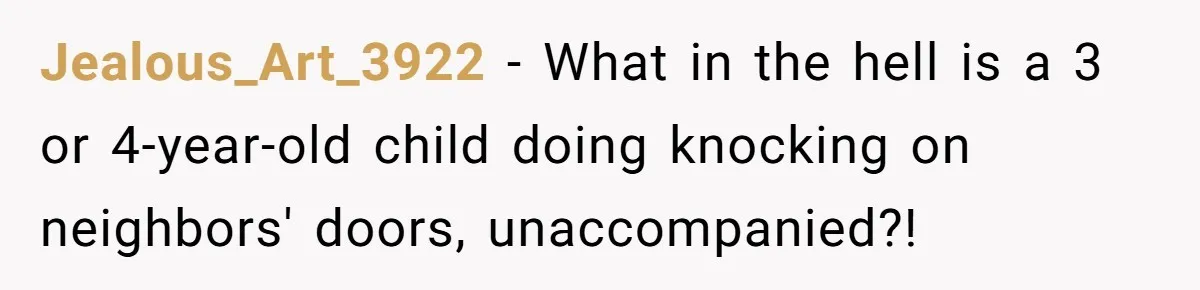 Jealous_Art_3922 − What in the hell is a 3 or 4-year-old child doing knocking on neighbors' doors, unaccompanied?!