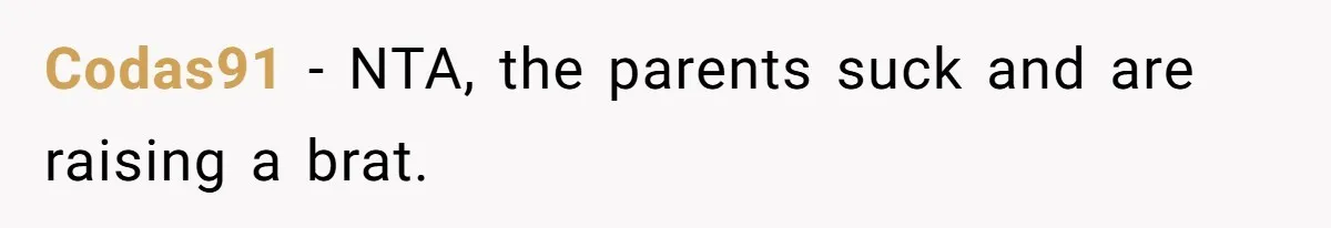 Codas91 − NTA, the parents suck and are raising a brat.
