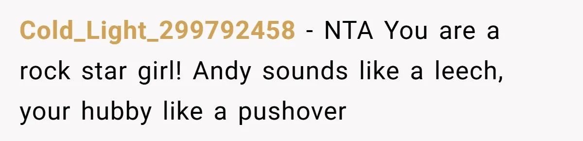 Wife Confronts Group At Bar To Stop Husband Lending Thousands To Lying Jobless Friend Cold_Light_299792458 − NTA You are a rock star girl! Andy sounds like a leech, your hubby like a pushover