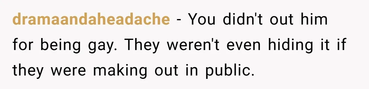 dramaandaheadache − You didn't out him for being gay. They weren't even hiding it if they were making out in public.