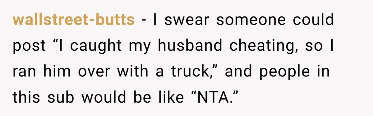 wallstreet-butts − I swear someone could post “I caught my husband cheating, so I ran him over with a truck,” and people in this sub would be like “NTA.”