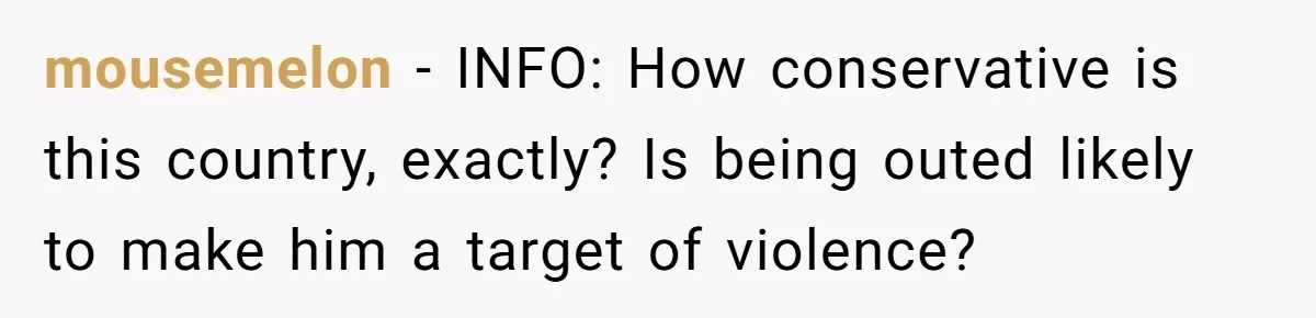 mousemelon − INFO: How conservative is this country, exactly? Is being outed likely to make him a target of violence?