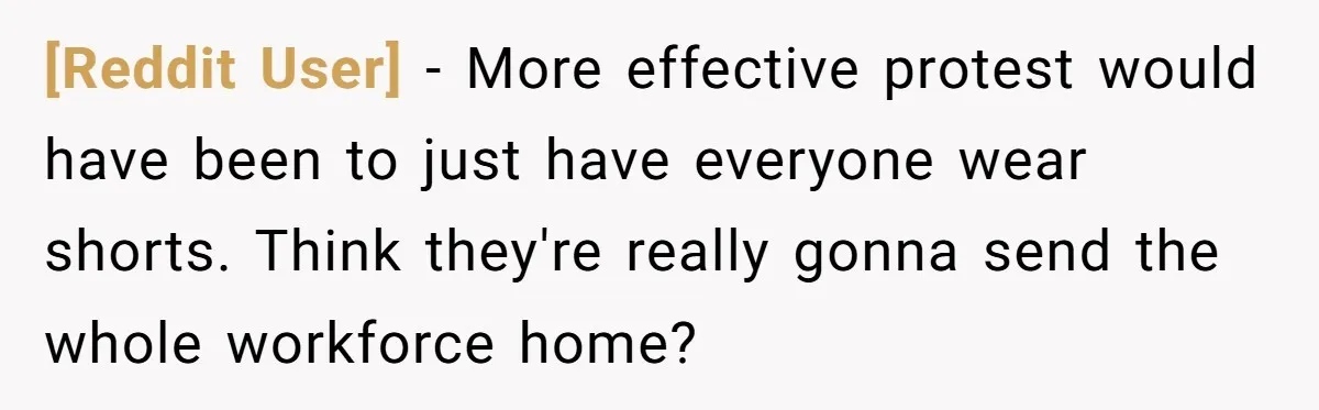 [Reddit User] − More effective protest would have been to just have everyone wear shorts. Think they're really gonna send the whole workforce home?