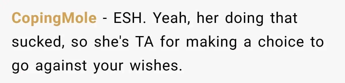 CopingMole − ESH. Yeah, her doing that sucked, so she's TA for making a choice to go against your wishes.