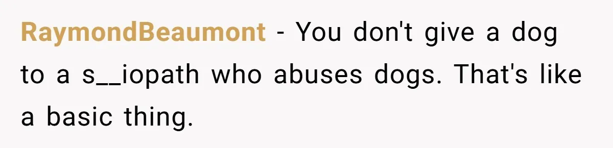 RaymondBeaumont − You don't give a dog to a s__iopath who abuses dogs. That's like a basic thing.